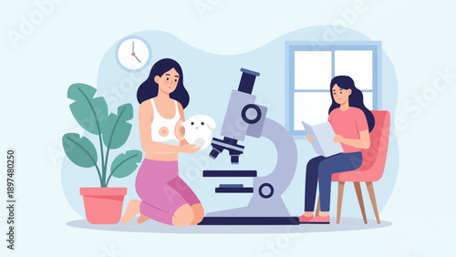 Two women and a microscope in a light blue room with a potted plant