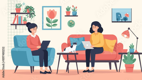 Two women and cat relax in a living room with plants and laptops