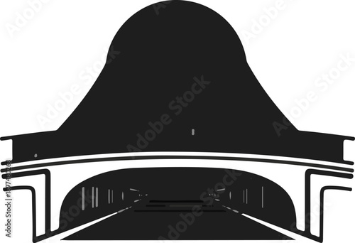Silhouette of a grand piano with abstract stage, lights, and musical notes