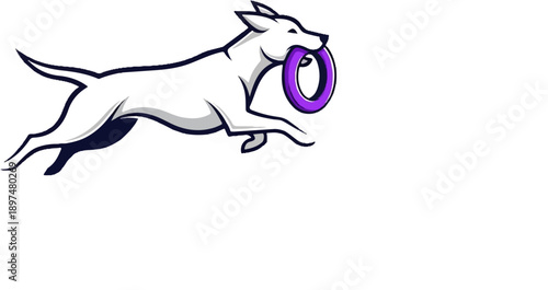 A stylized, cartoonish white dog leaps mid-air, holding a purple ring in its mouth