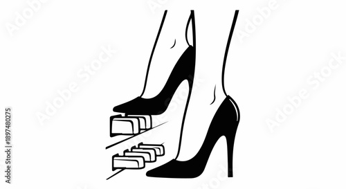 Elegant legs in high heels poised above piano keys, ready to play