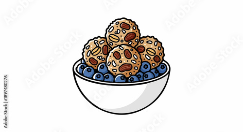A white bowl overflows with fresh blueberries topped by four round cookies with assorted nut pieces