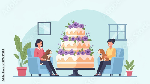 Two women relax with dogs near a decorative cake in a cozy room