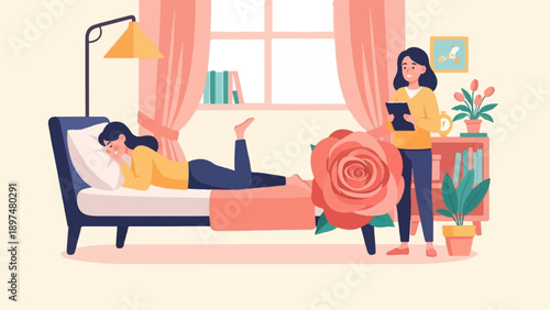 Two women in a room, one lying on a couch, the other holding a tablet