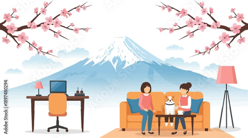 Two women and dog relax in a cozy room with Mount Fuji view