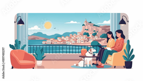 Two women and dog on balcony overlook picturesque seaside town with sun