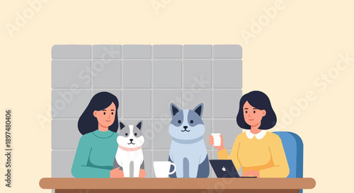 Two women and dogs by a wall with tiles, sitting at a table