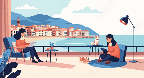 Two women and dogs on a balcony overlooking a coastal town