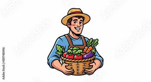 Smiling farmer in straw hat with basket full of fresh vegetables