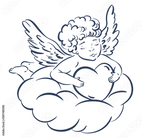Line vector illustration of cupid angel on cloud with heart. Hand drawn outline style. Used for valentine card, wedding design, sticker, postcard, and decoration.