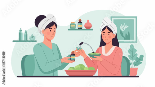 Two women in bathrobes and towels on heads prepare beauty treatments at home