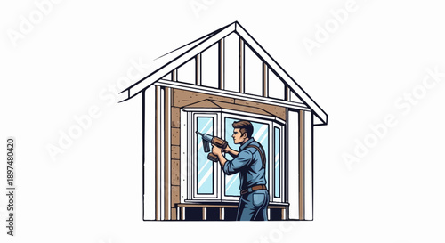 Construction worker installing a window with a drill in a house frame