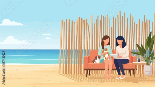 Two women and dogs on couch by the beach under wooden poles