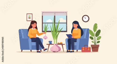 Two women in armchairs discussing something by a window with plants