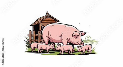 A large pig stands over its piglets near a wooden structure and fence on a farm