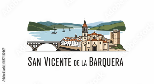 Wallpaper Mural Coastal town with church, castle, bridge, sailboats, and rolling green hills Torontodigital.ca