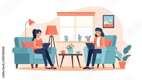 Two women in casual clothing work on laptops while relaxing on cozy armchairs in a bright room