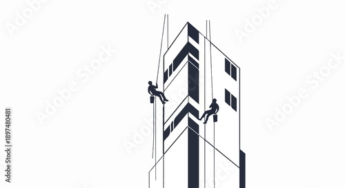 Two figures suspended by ropes clean a modern building