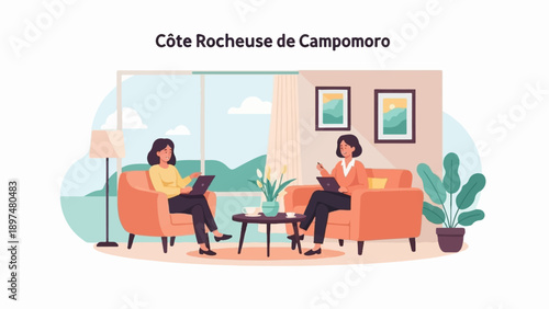 Two women in armchairs with laptops in a cozy room