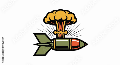 A stylized bomb detonates with a large mushroom cloud and emanating rays