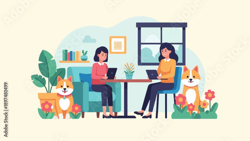 Two women and their corgi dogs work on laptops in a cozy home setting