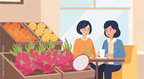 Two women at a cafe, with fresh fruits displayed in a market setting