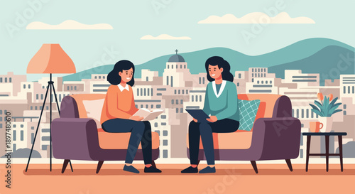 Two women in cozy seating discuss their books, cityscape backdrop