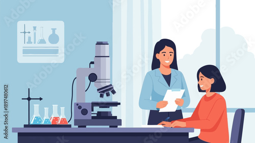 Two women in lab coats at a science lab table with equipment