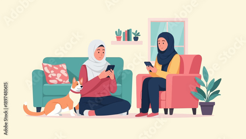 Two women in hijabs using smartphones with a dog and plants in a cozy room