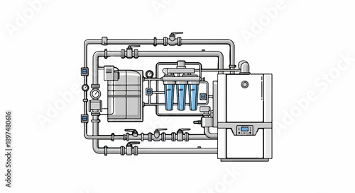Industrial water filtration system with multiple components and gauges
