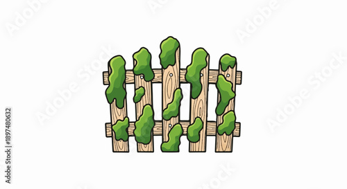 Wooden fence posts covered in green, lumpy moss