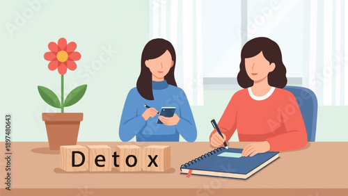 Two women at a desk, one on phone, other writing, with "Detox" blocks