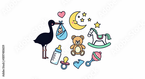 A stork carries a baby, surrounded by toys like a teddy, horse, and rattle, plus moon & stars