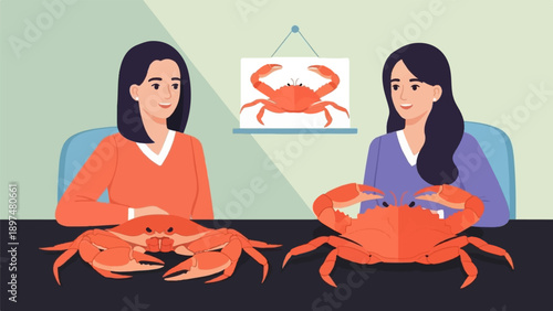 Two women at a table with crabs, with a crab picture on the wall
