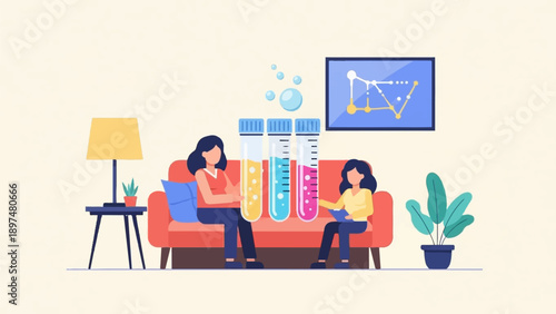 Two women in living room with scientific experiment tubes and graph