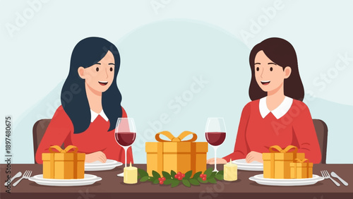 Two women in red tops enjoy a festive dinner with gifts