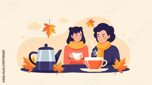 Two women in warm clothing enjoy hot beverages on a cozy autumn day, surrounded by leaves