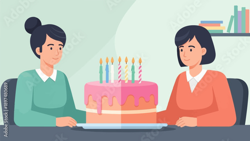 Two women celebrate with a birthday cake and lit candles on a table
