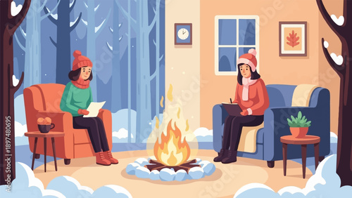 Two women in warm clothes sit indoors near a fireplace during winter