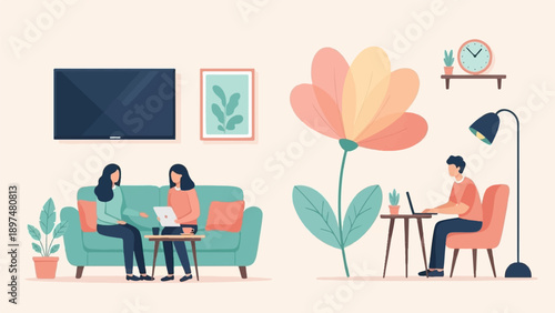 Two women on a couch discuss work, while a man works on his laptop