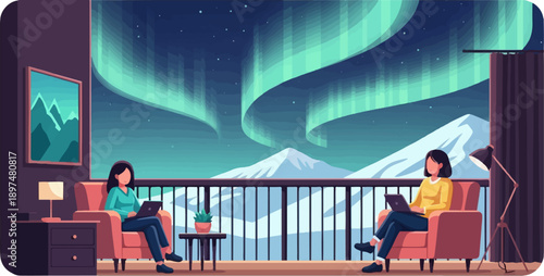 Two women on a balcony, working on laptops, under the aurora borealis