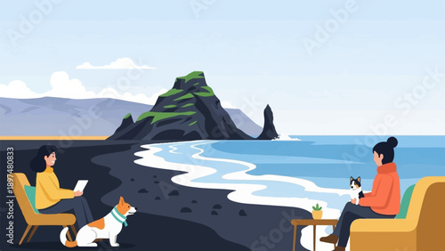 Two women relax with their dogs on a black sand beach with dramatic sea stacks