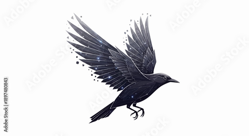 A stylized black bird with wings outstretched, adorned with shimmering stars
