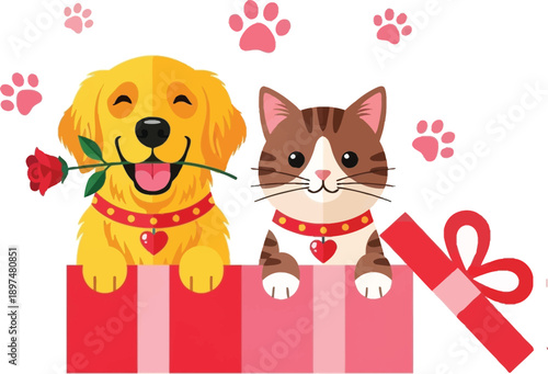 Cute Cartoon Dog and Cat in Red Gift Box with Rose and Paw Prints