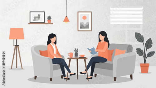 Two women relaxing in armchairs in a tastefully decorated room