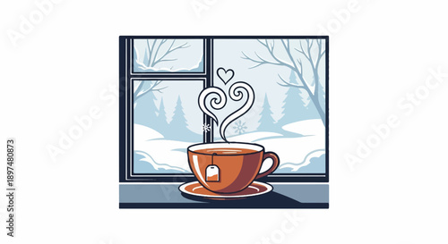 Cozy teacup with steam forming a heart, viewed through a winter window