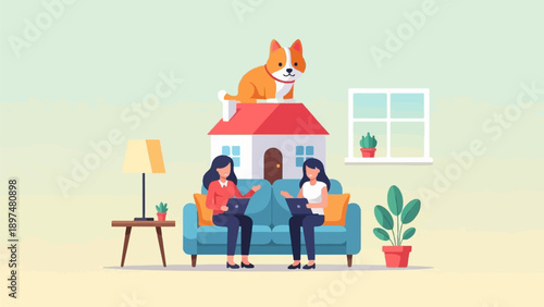 Two women on a couch with laptops, a dog on a house, and houseplants