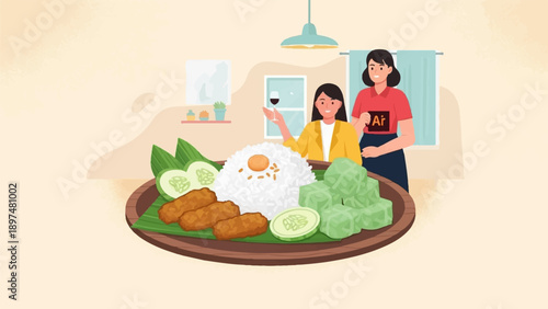 Two women share a meal of rice, fried food, and green dessert