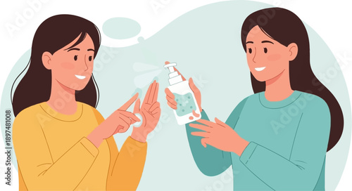 Two women practicing hygiene with hand sanitizer and gestures