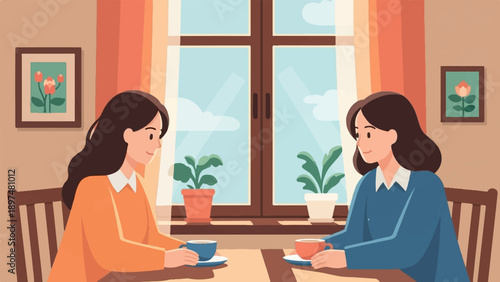 Two women share coffee and conversation by a bright window